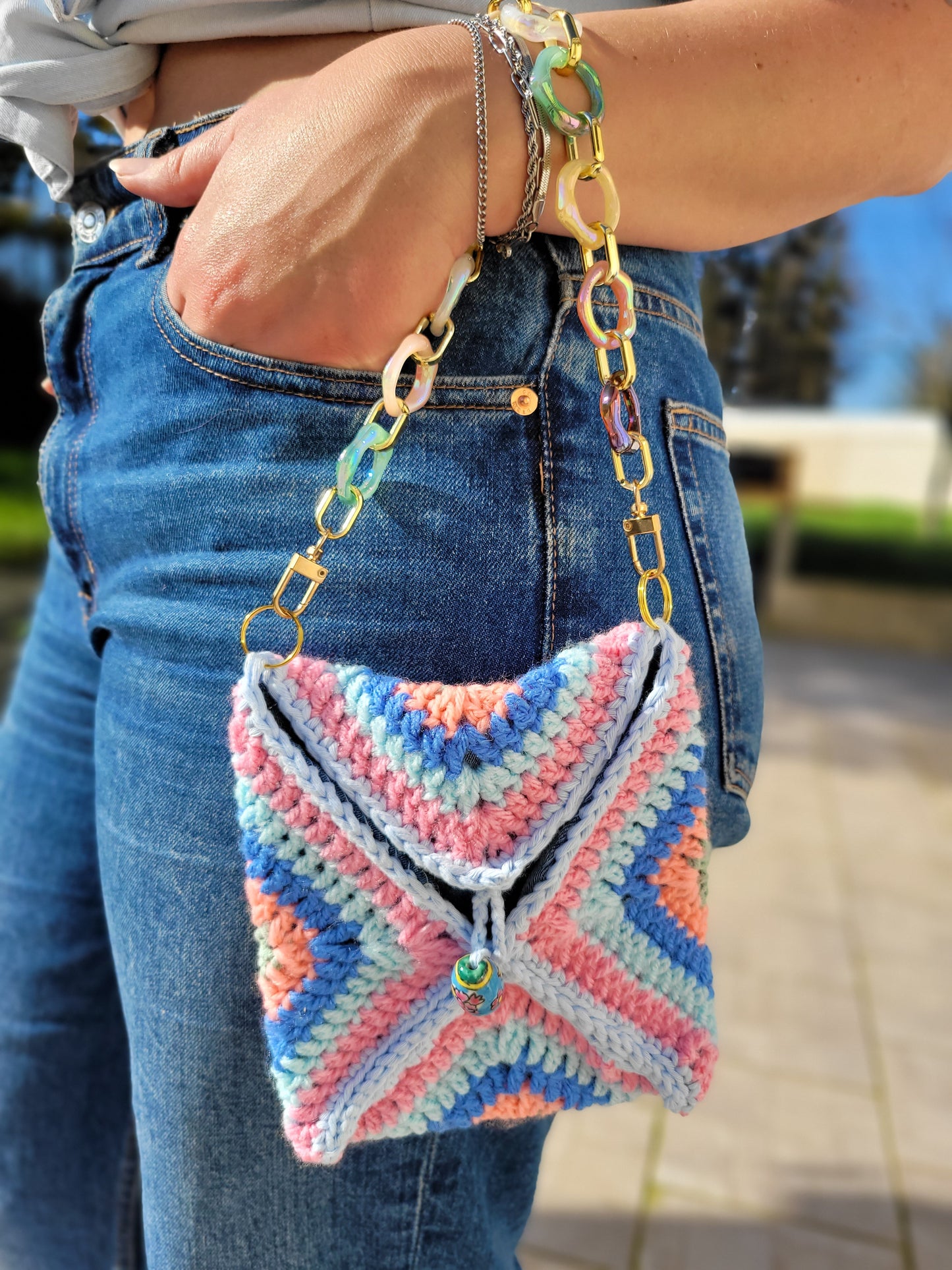 215-Pochette Granny bleue et multicolore