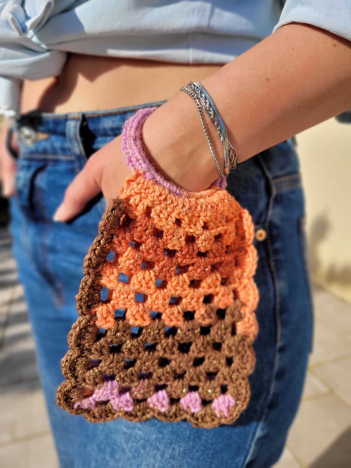 218-Pochette mini "bracelet" marron et orange