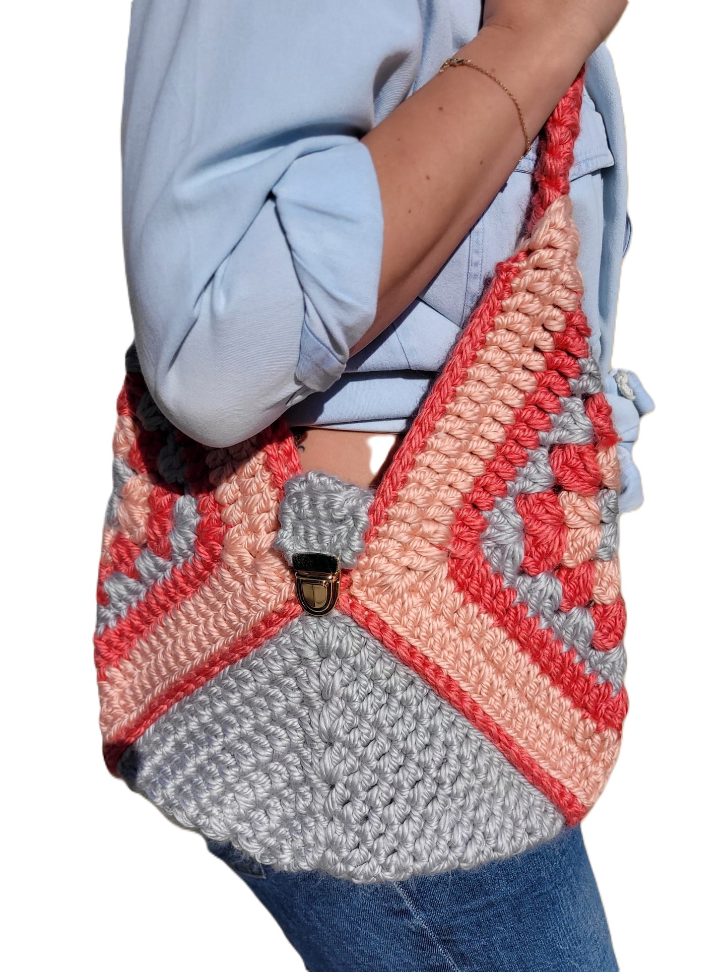 132-Sac besace gris et corail